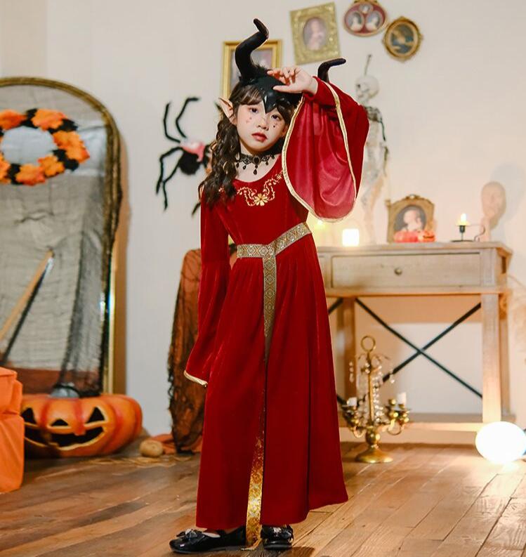 子供悪魔ハロウィン衣装　子供巫女コスプレワンピース　ロング丈　ワイン　ワンピ...