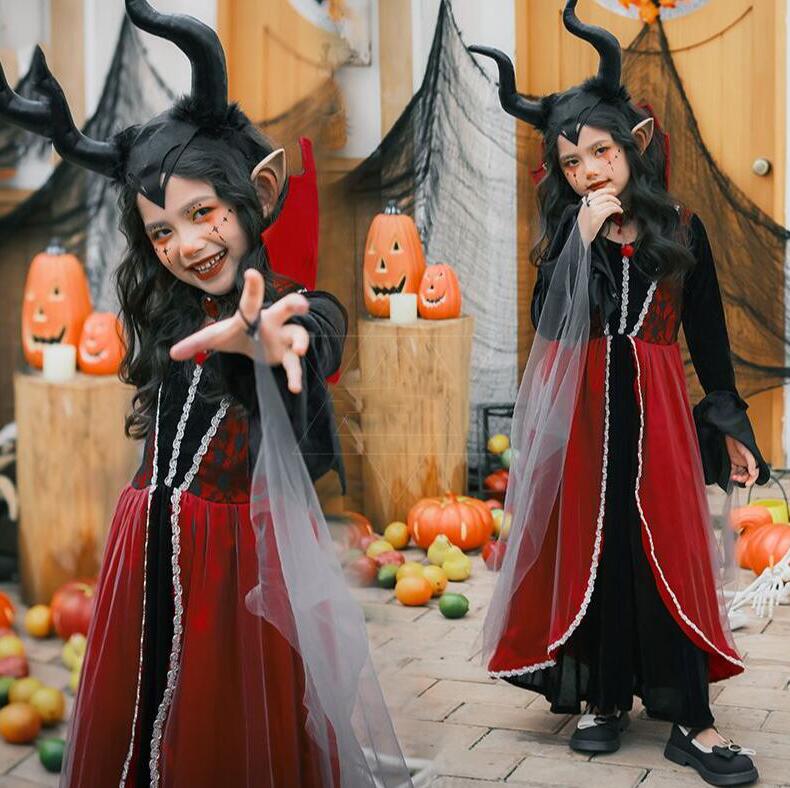 子供悪魔ハロウィン衣装　子供巫女コスプレワンピース　ロング丈ドレス　バンパイアコスプレウェア　精霊耳　悪魔カチューシャ　帽子　長袖　魔術師　女の子コスプレ衣装　Halloweencosplay　全身コスプレ衣装