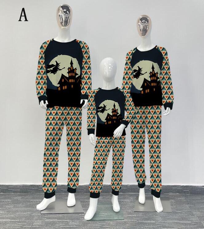 ハロウィン親子ペアパジャマ ハロウィン元素プリントパジャマ Happy Halloweenルームウェア 子供 男女兼用 ベビー ハロウィンコスプレ ロング丈パンツ 子供 ママ パパ 家族部屋着 長袖tシャツ パジャマ上下セット