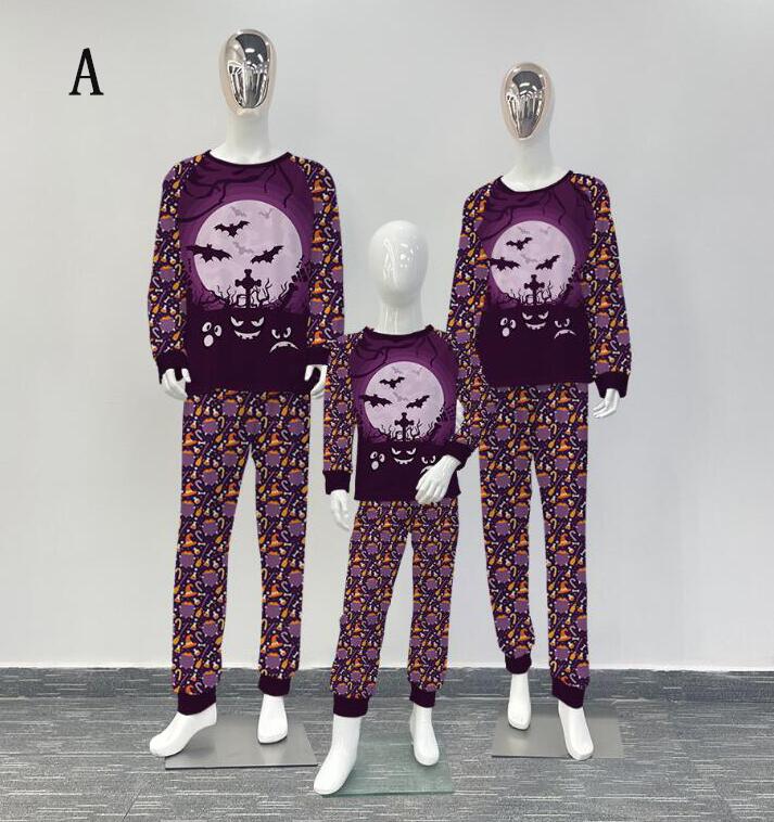 親子ペアハロウィンパジャマ ルームウェア 子供 男女兼用 ベビー ハロウィン元素プリント ハロウィンコスプレ Halloween 髑髏 ロング丈パンツ 子供 ママ パパ 家族部屋着 長袖tシャツ パジャマ上下セット