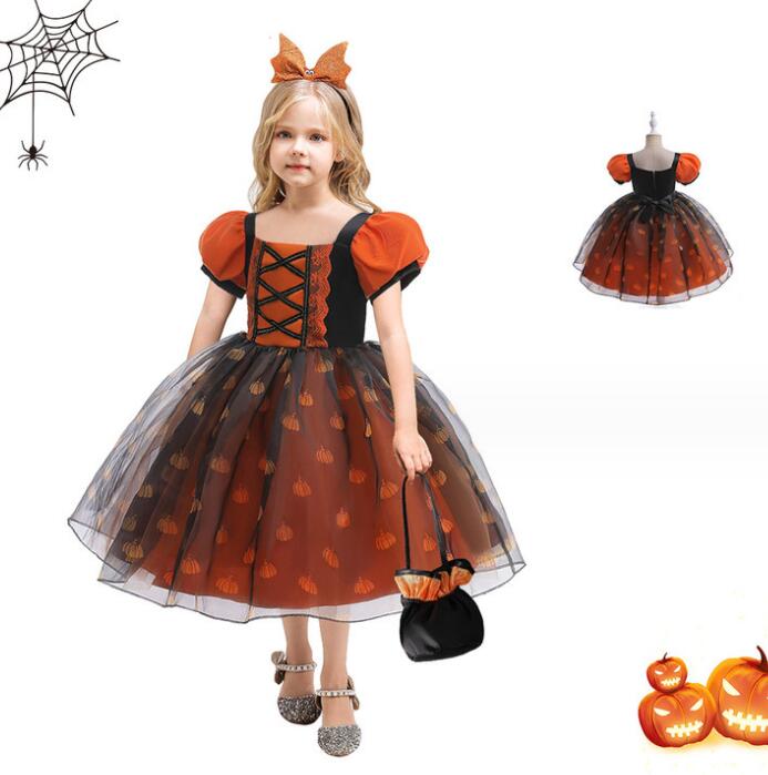 ハロウィンカボチャワンピース　子供　半袖リボン付き女の子ドレス 　チュール　パーティードレス　切り替え　ハロウィン　Halloweenコスプレ衣装 ワンピース 女の子パーティードレス　コスチューム