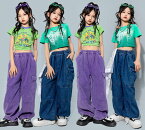 女の子ヒップホップジャズダンス衣装　ステージ演出　臍出し半袖tシャツロング丈パンツ2点セット ジーンズ　春秋夏女の子社交ダンス衣装キッズジャッズヒップホップダンスウェア HIPHOP　舞台演出服 団体服 発表会 チアリーディング　110-180cm