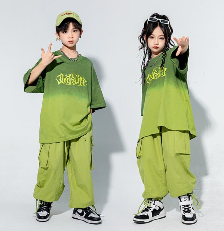 子供ヒップホップジャズダンス衣装　緑系　半袖tシャツロング丈パンツ2点セット グラデーション　春秋夏男の子/女の子社交ダンス衣装キッズジャッズヒップホップダンスウェア HIPHOP　舞台演出服 団体服 発表会 チアリーディング　110-180cm