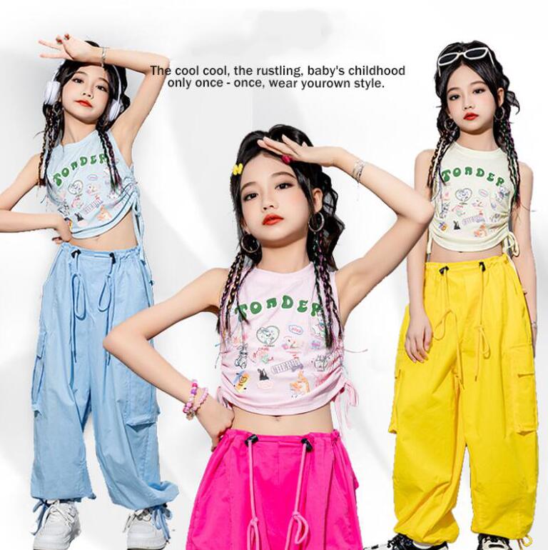 Rakuten - 子供舞台ダンス衣装　女の子ヒップホップジャズダンス衣装　可愛い臍出しタンクトップ+カーゴパンツ　袖なしtシャツ　女の子社交ダンス衣装キッズジャッズヒップホップダンスウェア HIPHOP　舞台演出服 団体服 発表会 チアリーディング　110-180cm
