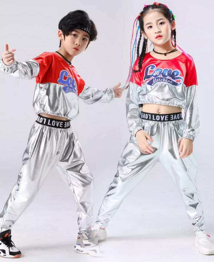 子供ダンス衣装　ヒップホップジャズダンス衣装　切り替え長袖tシャツ　女の子男の子スカート/パンツセット　光沢ありパンツ　キッズダンスウェア　チアガール　上下2点セット社交ダンス衣装　HIPHOP★キッズ舞台演出服　学園祭