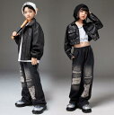 秋冬子供ダンス衣装 新作ヒップホップジャズダンス服 レザージャケット 防風 pu 革ブルゾン ライダース ダメージ加工ジーンズ 女の子/男の子カジュアルhiph...