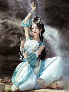 レディース中華風アラビアン漢服 敦煌飛天漢唐衣装 豪華古典宮廷舞踊衣裳 演目ダンス衣裳 アジア ベリーダンス衣装 刺繍異国風情トップス マント ロング丈パンツ コスチューム中華ハロウィンコスプレ衣装 飄逸 西域