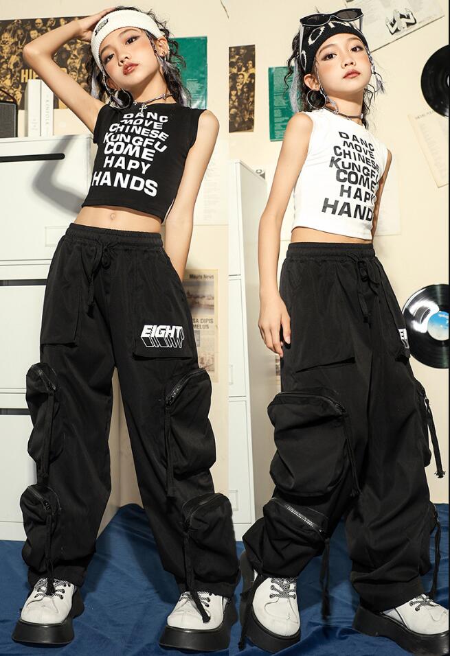 子供ヒップホップジャズダンス衣装 女の子ダンス服 タンクトップ+サルエルパンツ2点セット 袖なしtシャツ チノパン キッズジャッズヒップホップダンスウェア HIPHOP 舞台演出服 団体服 発表会 チアリーディング 110-180cm