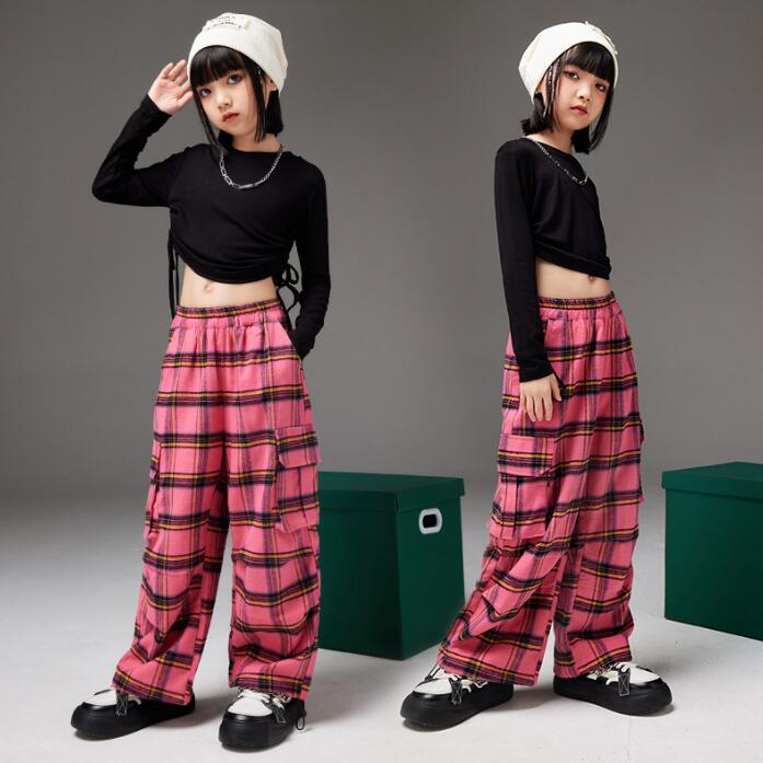 女の子舞台ダンス衣装　キッズステージ演出hiphopjazzウェア 横絞り長袖tシャツ+チェック柄パンツ　子供ヒップホップジャズ春秋　舞台演出服　イベント　舞台ダンス衣装 　チアガール