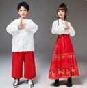 中華風舞台ダンス衣装 キッズステージ演出hiphopjazzウェア 子供漢服 クリスマス ロング丈プリーツスカート 長袖シャツアウター太極拳演出ウェア 男女兼用...