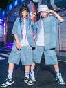 デニム子供舞台ダンス衣装 中華風デニムジャケット+ハーフジーンズ2点セット 雲柄 キッズステージ演出 ステージ演出hiphopjazzウェア 子供ヒップホップジ...