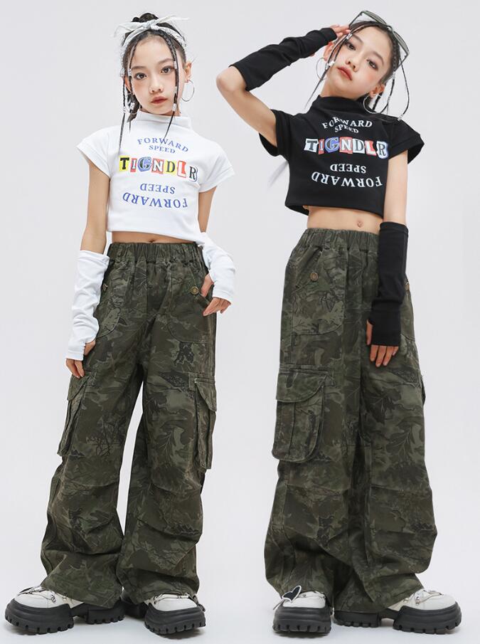 女の子ダンス衣装　臍出しtシャツ 迷彩柄サルエルパンツ　カーゴパンツ　チアガール　子供ヒップホップジャズダンス衣装　春服　新作キッズダンス衣装 　女の子演出服　イベント　ステージ