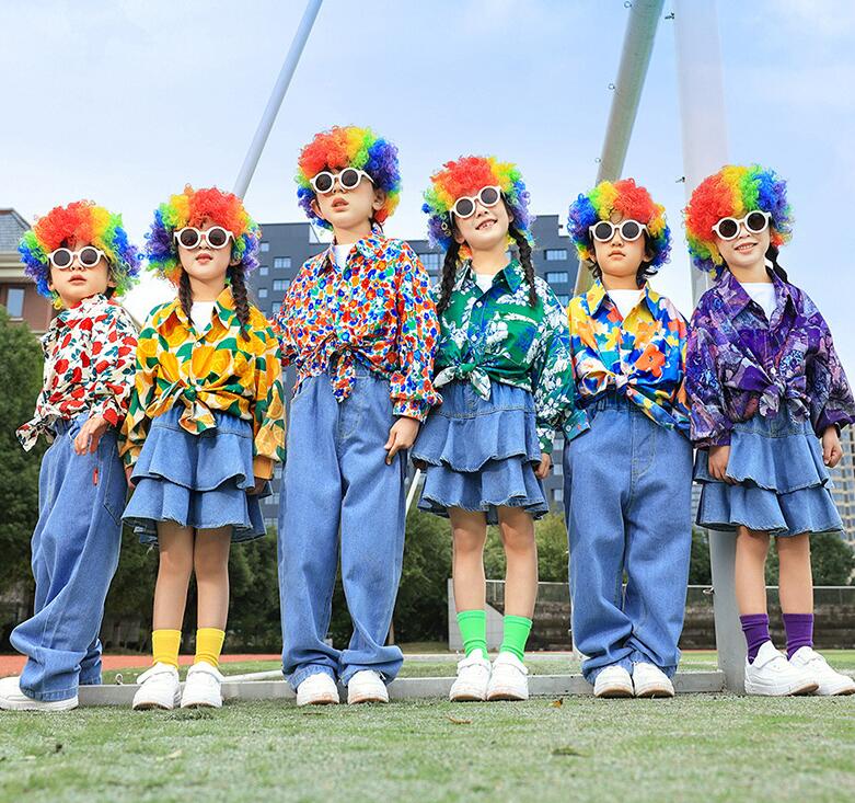 子供ダンス衣装 チアガール ハワイ風長袖シャツ フレアデニムスカート 長ジーンズ イベント 旅行 運動会 幼稚園 花柄 子供ヒップホップジャズダンス衣装 春服 キッズダンス衣装 男の子/女の子演出服 ステージ