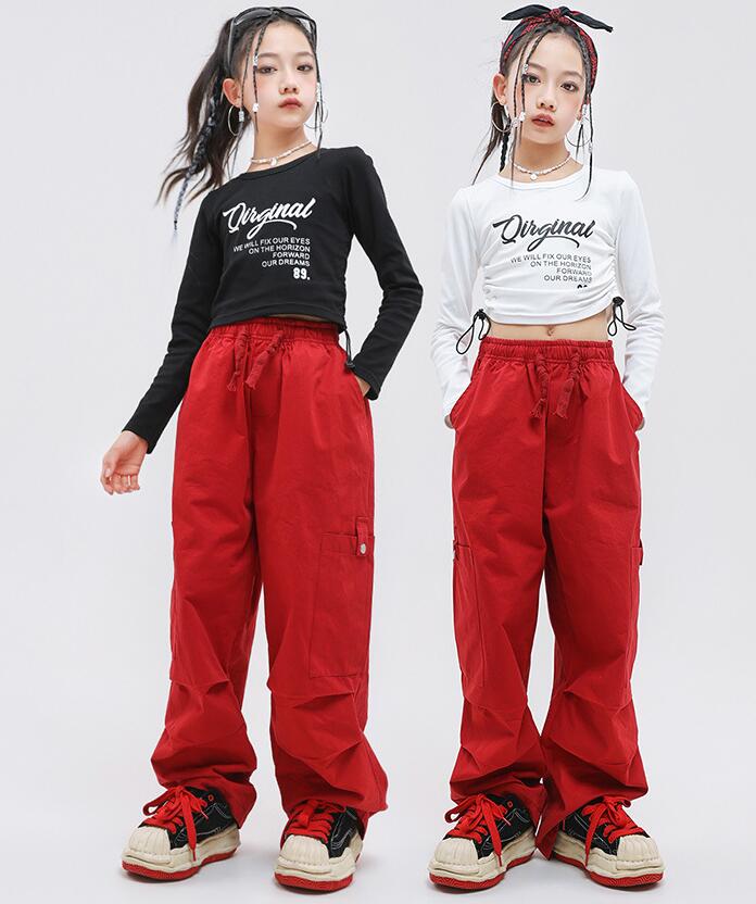 子供ヒップホップジャズダンスウェア　女の子臍出し長袖tシャツ+サルエルパンツ2点セット　2way 春服　秋服キッズダンス衣装　hiphop jazz 　チアガール　舞台演出服　イベント　ステージ