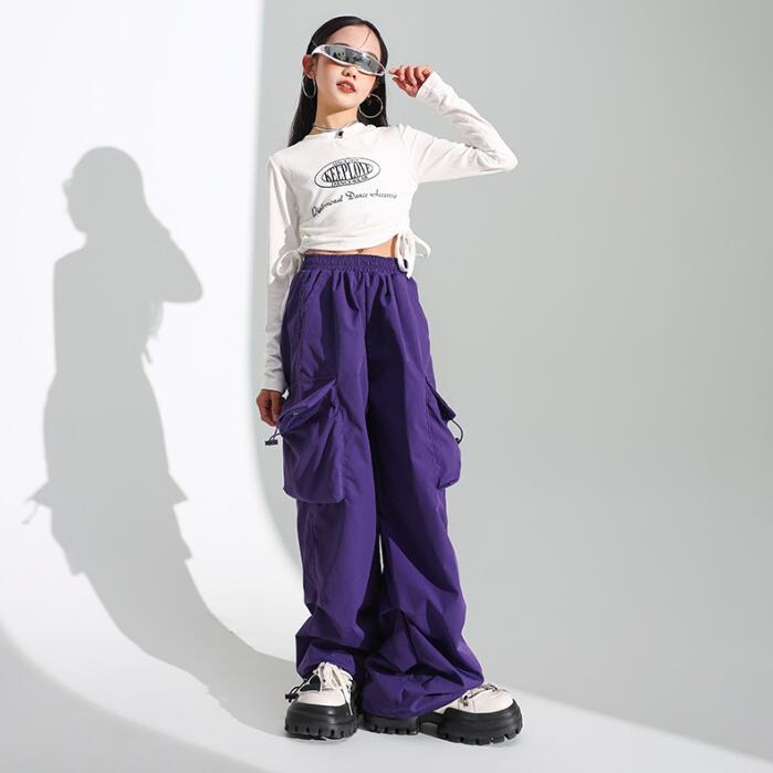子供ダンス衣装　チアガール　上下2点セット　臍出し長袖tシャツ　春服　秋　サルエルパンツ　女の子ヒップホップジャズダンスウェア　キッズ舞台演出服　ステージダンス服　イベント　コスチューム　学園祭