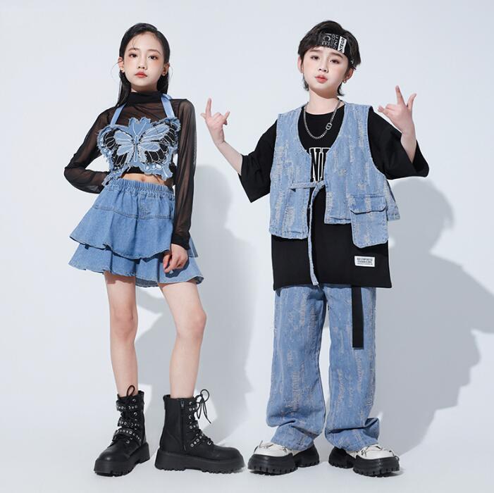 子供ダンス衣装　hiphopjazz 3点セットアップ　男の子デニムベスト　ジーンズ/フレアスカート　女の子..