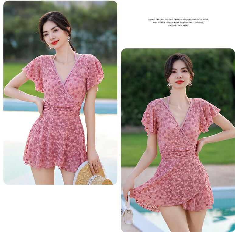 ワンピース水着　可愛いレディースワンピース水着 　半袖　花柄生地　体型カバーかわいい水着 オールインワン みずぎ ミズギ 　優雅　Vネック　ぽっちゃり 　温泉　ビーチ　泳ぎ服　20代 30代 40代 50代 60代 ワンピース水着