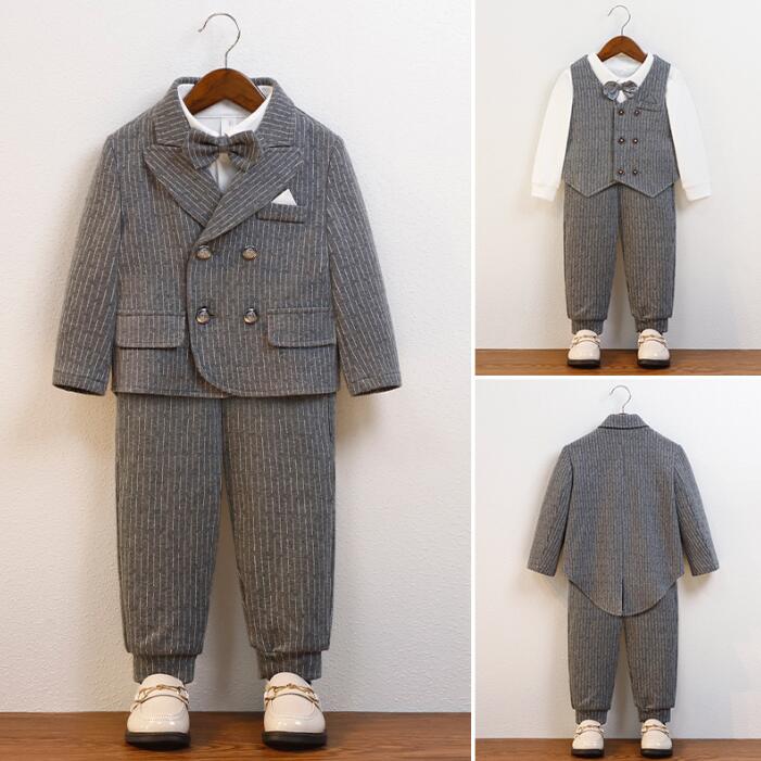 子供スーツ 男の子スーツセット 春秋冬スーツ 燕尾ジャケット ストライプ柄 ベスト 卒業式 入園式 赤ちゃん 男の子フォーマル ジュニアスーツ キッズスーツ 七...