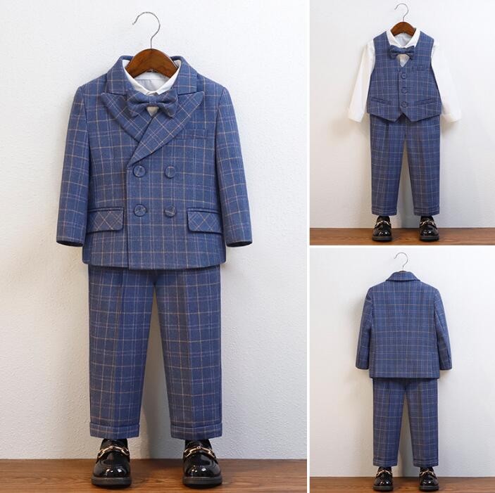 Boys' Suit, Checkered Pattern, Navy, Children's Clothing, Vest, Formal Suit, Ribbon, Boys' Suit Jacket, Kids Suit, MC, Stage, Entrance Ceremony, Boys' Suit Pants, Wedding, Graduation Ceremony, Entrance Ceremony, Wedding