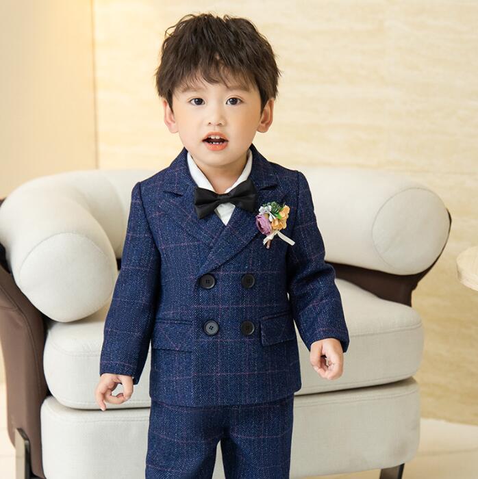 チェック柄男の子スーツ 紳士スタイル ネイビー ベージュ フォーマルスーツ ジュニア ジレベスト スーツジャケット 長袖ワイシャツ2点/3点/4点/6点セット ...
