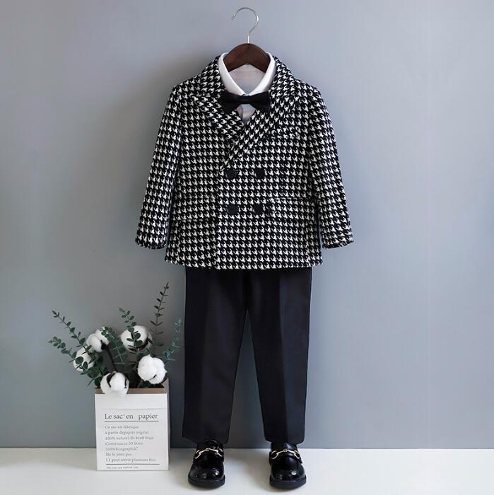 可愛い男の子スーツ 千鳥柄タキシードスーツジャケット フォーマルスーツジュニア 演奏会 王子様 礼服 ダブルボタンスーツジャケット スーツパンツ 長袖ワイシャツ...