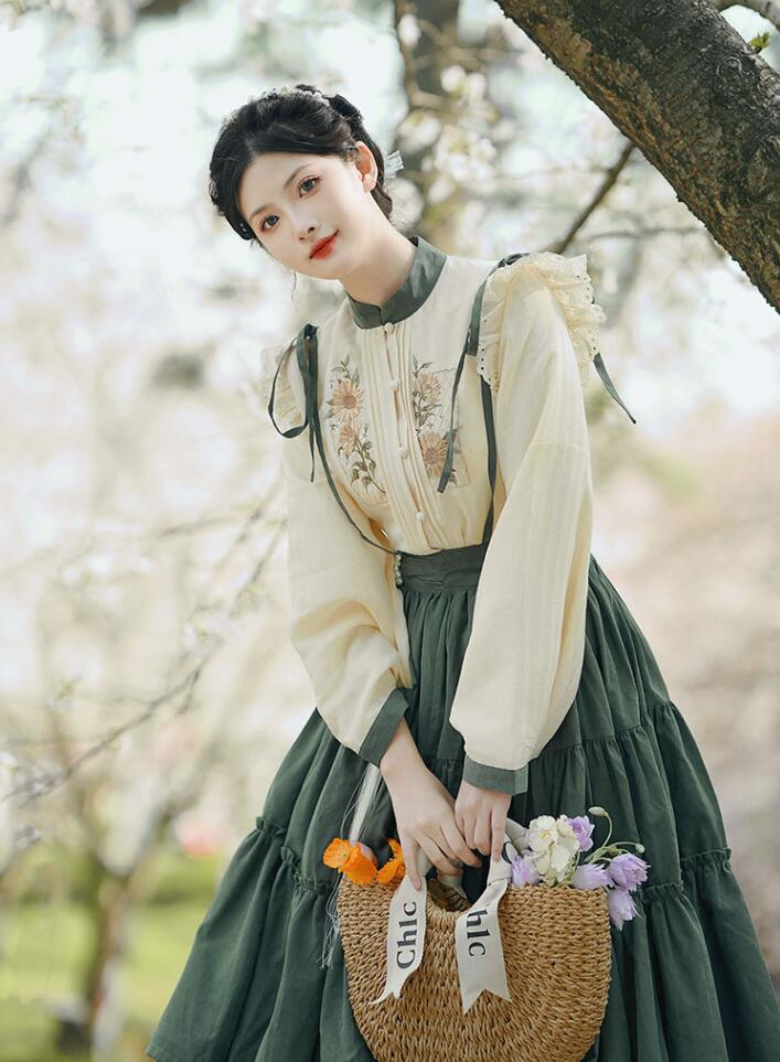 サロペット漢服 ロリータ漢服 レディース中華風ワンピースセット 刺繍チャイナブラウス ティアードスカート 長袖リボンレース可愛いLolitaオーバーオール漢服つなぎ 森ガール 普段着 ステージ衣装 チャイナドレスイベント 撮影服