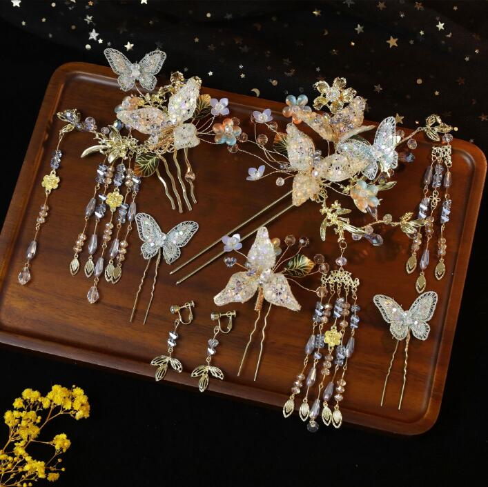 高級な中華風コスプレ髪飾り　漢服ヘアアクセサリー 髪飾り7点セット　クリスタル　蝶柄中華漢服グッズ 中国結婚式髪飾り　フリンジかんざし 中華舞台ステージコスプレ道具 唐装漢服用髪飾り 華やか コスチューム ウエディング髪飾り 仮装道具 変装 豪華唐装