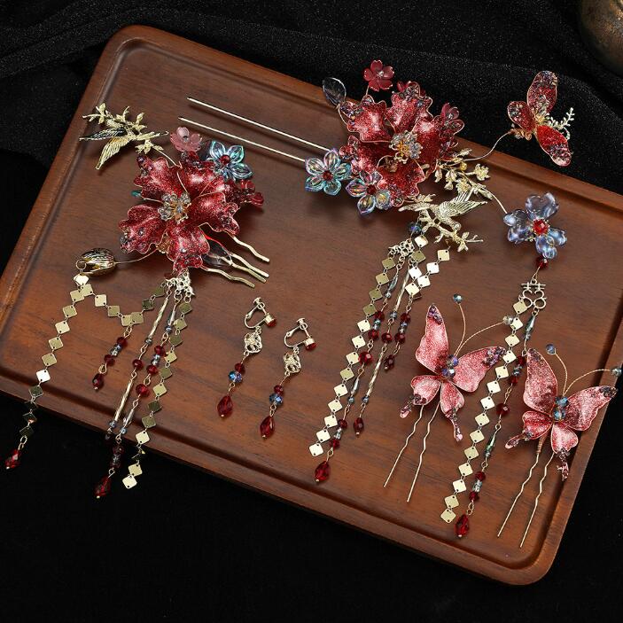漢服髪飾り6点セット　高級な漢服ヘアアクセサリー　チャイナドレスアクセサリー　蝶花びらフリンジ　生き生き中華漢服飾りかんざし　森ガール ウエディング髪飾り　中国結婚式髪飾り　写真撮影　中華舞台道具 唐装漢服用髪飾り 華やか コスチューム
