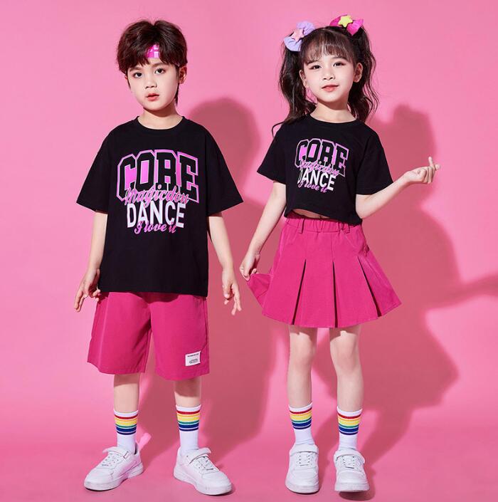 子供ダンス衣装　ヒップホップジャズ　hiphop　半袖tシャツハーフパンツ/プリーツスカート　ローズ　夏女の子/男の子ダンスウェア　幼稚園舞台演出服　キッズダンスウェアhiohopjazzダンス衣装　社交ダンス衣装　HIPHOP　イベント　コスチューム