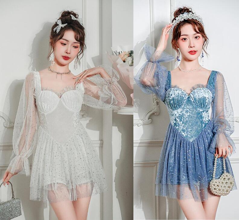 ワンピース水着　フランス風ミズギ　スパンコール　ラッパ袖　レトロ　お嬢様　レディースミズギ　可愛いワンピース泳ぎ　パーティー　体型カバー　女性ミズギドレス　オールインワン 水着 ぽっちゃり 安心ショートパンツ　温泉　ビーチ　ハワイ