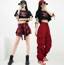 レディースヒップホップジャズダンス衣装 7タイプ チェック柄キュロットスカート サルエルパンツ 臍出しtシャツ 上下2点セット hiphopジャズダンス舞台ステ...