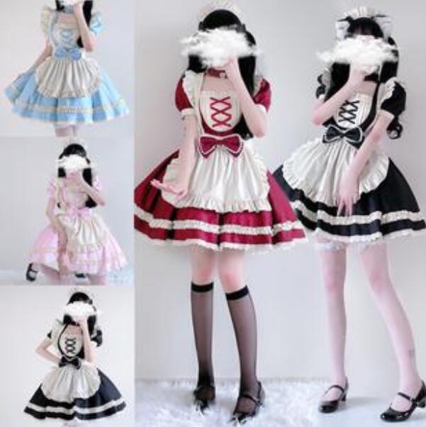 メイド服5点セット ロリータワンピース 半袖 可愛いレディースメイド服 ロリータドレス リボン フレア もえもえドレス コスチュームドレス ワンピース エプロン...