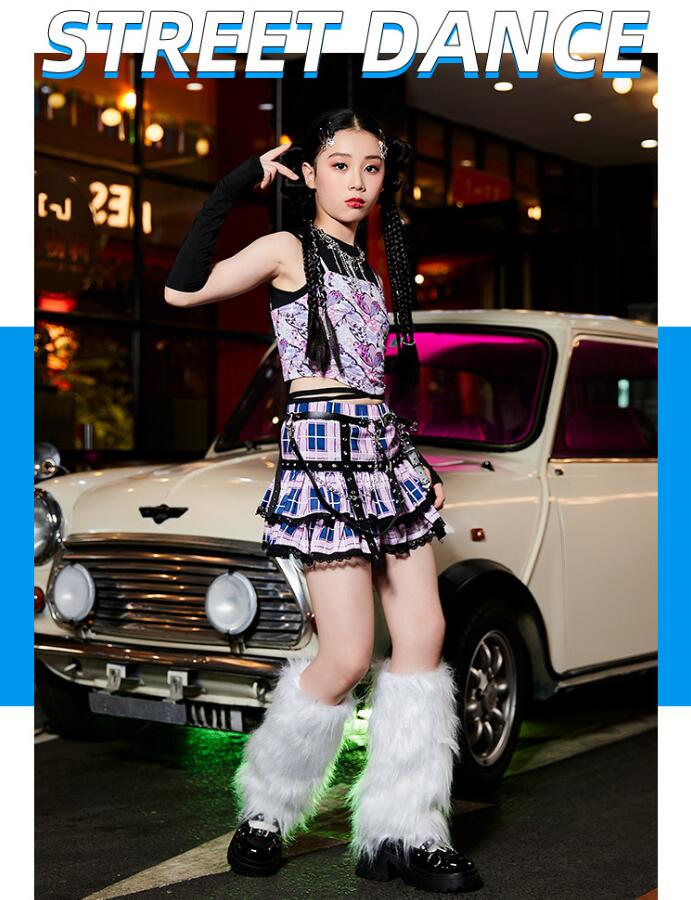 女の子ヒップホップジャズダンス衣装 タンクトップ　チェック柄プリーツスカート　...