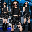 女の子ジャズダンス衣装 レザープリーツスカート フード付きtシャツ タンクトップ 可愛子供ヒップホップダンスウェア イベントキッズステージショー演出服 jaz...