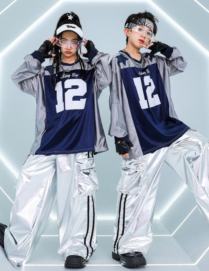 子供ヒップホップダンス衣装 光沢ありpuパンツ+長袖パーカー 切り替え 春秋冬ジャズダンスウェア ゆったり女の子男の子hiphopジャズダンスウェア キッズ舞台演出服 ステージダンスウェア