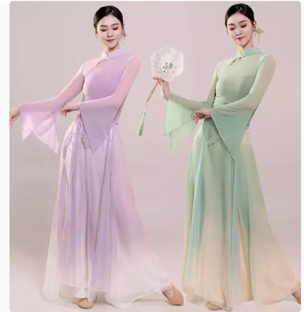 古典ダンス衣装 3点セット レディース大人チャイナブラウス フレア袖tシャツ スカート風ガウチョパンツ スリット 中国漢服 古典民族舞踊ダンス服 チュール バレ...