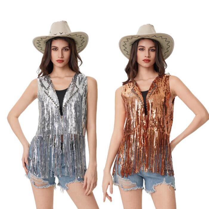 スパンコールベスト　フランジ付きベスト　ノースリーブカーディガン　ピーズ　レディースジャズヒップ..