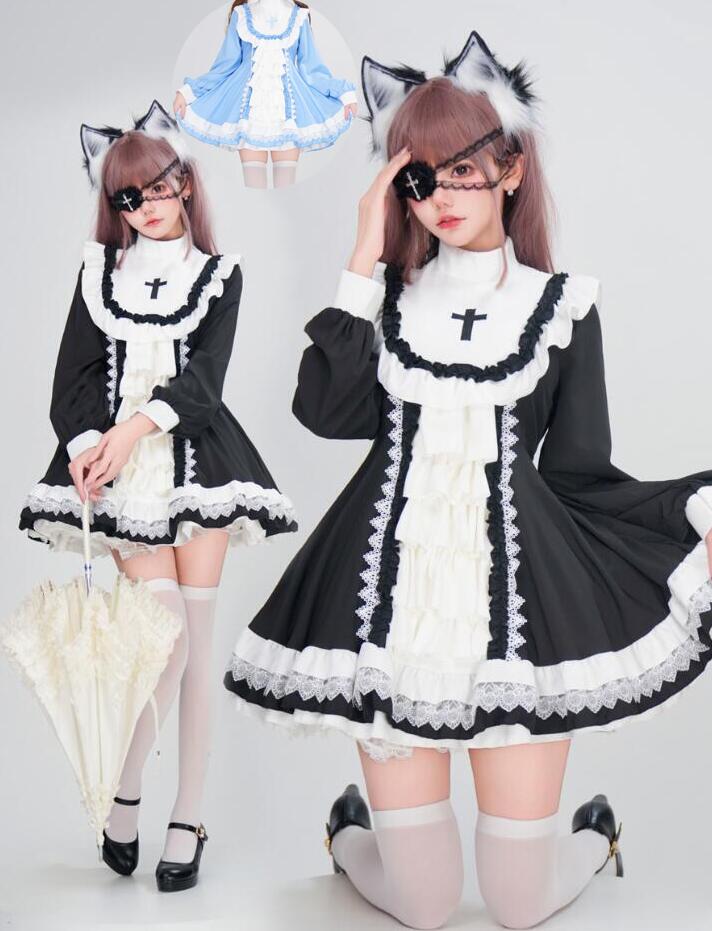 Rakuten - レディースロリータワンピース　十字架メイド服 メイド制服 ロリータドレス　長袖　フレアロリータ　レース可愛いコスプレ衣装　リボン　ウエイトレス ゴスロリ コスチューム　メイド服 魔女 仮装 変装　イベント　コスチューム