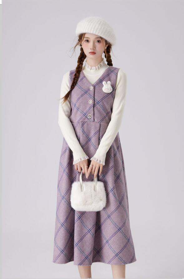 ワンピース　レディースオールインワン　レトロ　チェック柄　秋冬新作　森ガール　ノースリーブワンピース　妊婦さんも着用　サロペット　Vネック