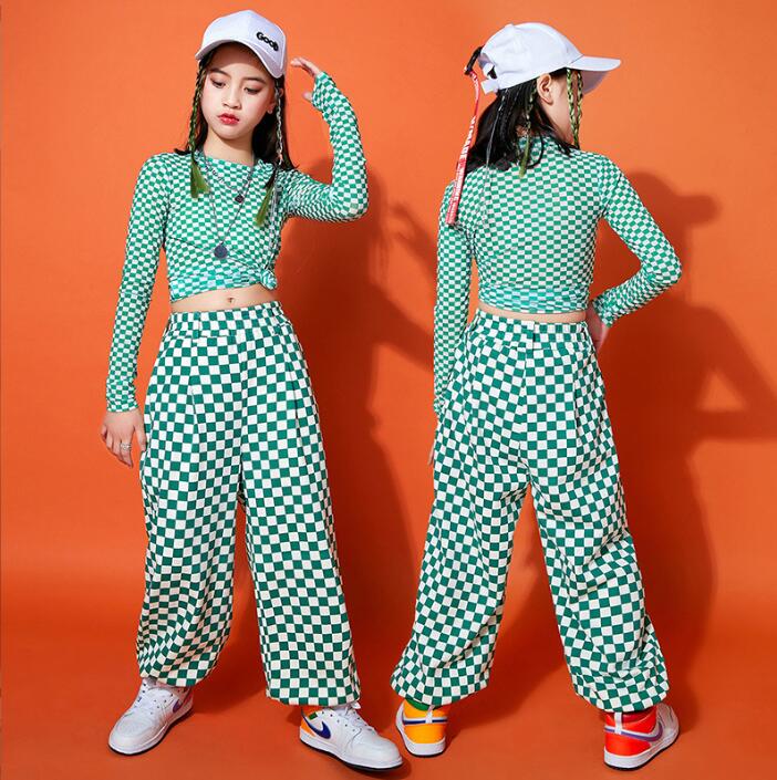 女の子ジャズダンス衣装 基盤柄長袖tシャツ+サルエルパンツ 春夏子供ヒップホップジャズダンスウェア チアリーディング チェック柄上下2点セット キッズhiphopjazzダンス衣装 イベント コスチューム 舞台演出服
