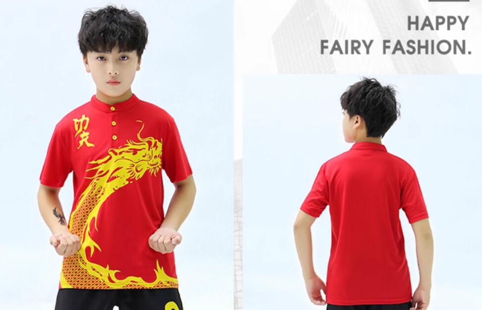 中国武術演出服プリント龍柄　半袖夏子供用　速乾tシャツ　シンプル　キッズ武術服...