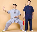 太極拳服男女兼用カンフーウェア 福刺繍柄上下セット 棉麻太極拳パンツ 夏メンズ/レディース武術服 リネンカンフー ウーシュー チャイナ服 武術 太極拳 功夫 練...