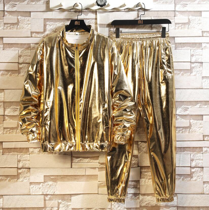 ジャケットセットアップ　pu生地　メンズ光沢ありジャケット+ロングパンツ　シルバーゴールド光沢カラ..