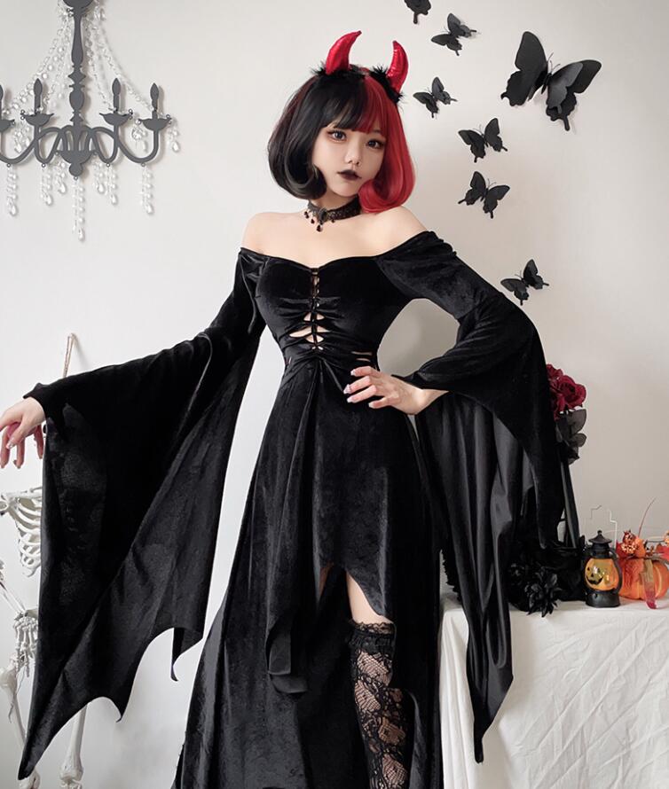 ハロウィンコスプレ衣装　レディース　死神ドレス　悪魔 魔女 万聖節 バンパイア 吸血鬼　フレア袖　イレギュラー裾ドレス　ゴジック コスチューム 大人用コスプレ衣装 文化祭 ハロウインお化け屋敷 余興Halloween yamadasyouji-10008121 yamadasyouji パッケージ画像