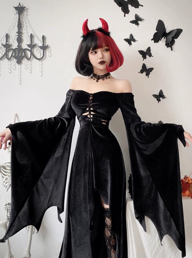 ハロウィンコスプレ衣装　レディース　死神ドレス　悪魔 魔女 万聖節 バンパイア 吸血鬼　フレア袖　イレギュラー裾ドレス　ゴジック コスチューム 大人用コスプレ衣装 文化祭 ハロウインお化け屋敷 余興Halloween yamadasyouji-10008121 yamadasyouji サンプル画像2