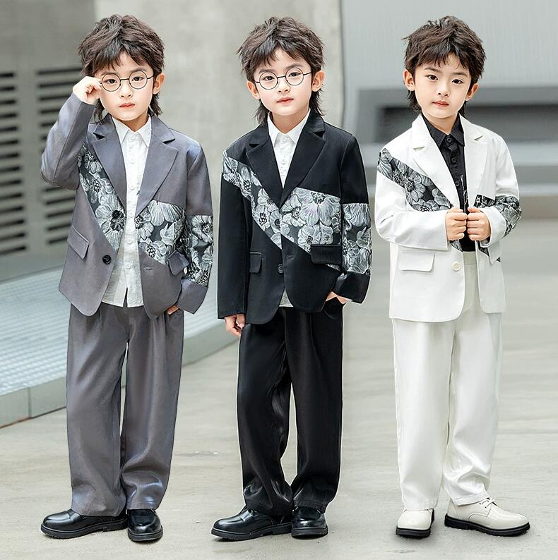 子供スーツセット 中華風男の子テーラードジャケット 春夏新作 花柄キッズスーツ2点/3点セットアップ ロング丈パンツ フォーマルスーツ ジュニア 司会者 入学式...