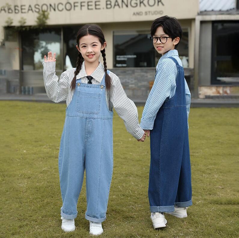 キッズダンス衣装　子供デニムサロペット ジーンズ 春秋 ストライプ柄半袖/長袖シ...