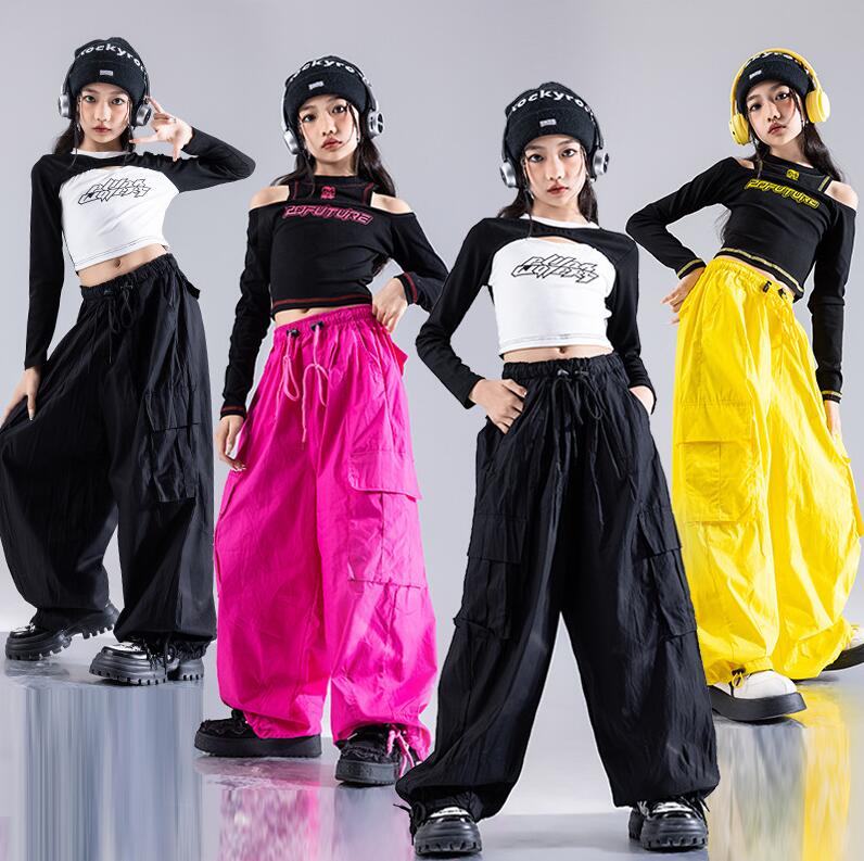 Rakuten - 春秋女の子ダンスウェア　肩先漏れ長袖tシャツロング丈パンツ2点セット 切り替え　臍出し チアダンス服　子供ヒップホップジャズダンス衣装 HIPHOP　ガールズ社交 ジャズダンス イベントコスチュームキッズステージ衣装　チアリーディング