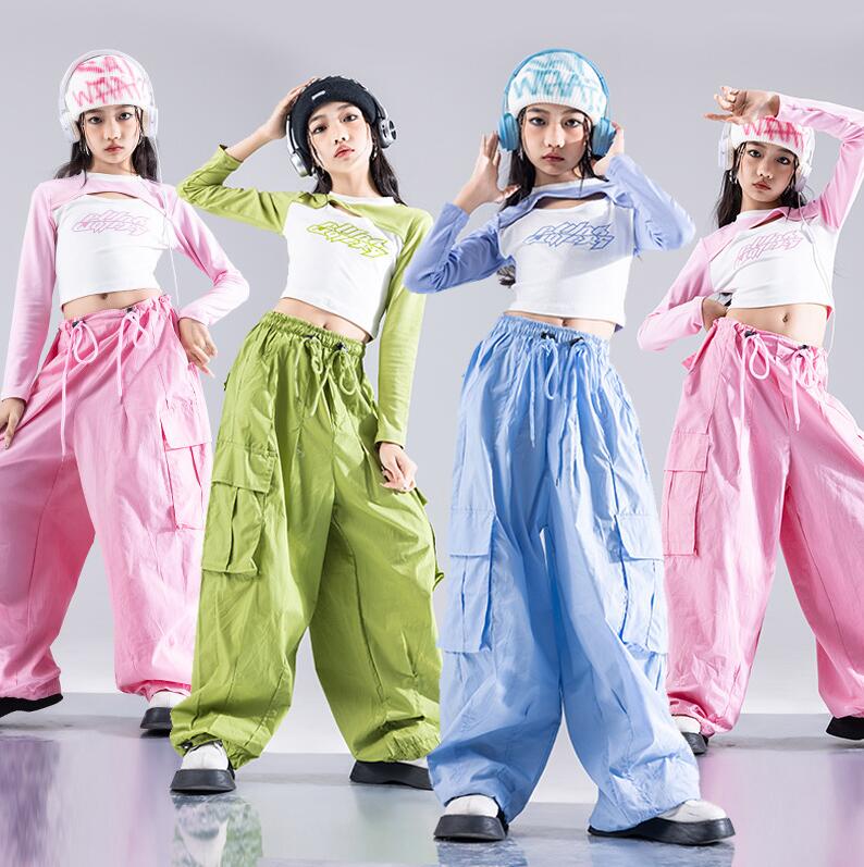 春秋女の子ダンスウェア 肩先漏れ長袖tシャツロング丈パンツ2点セット 臍出し チアダンス服 子供ヒップホップジャズダンス衣装 HIPHOP ガールズ社交 ジャズダンス イベントコスチュームキッズステージ衣装 チアリーディング