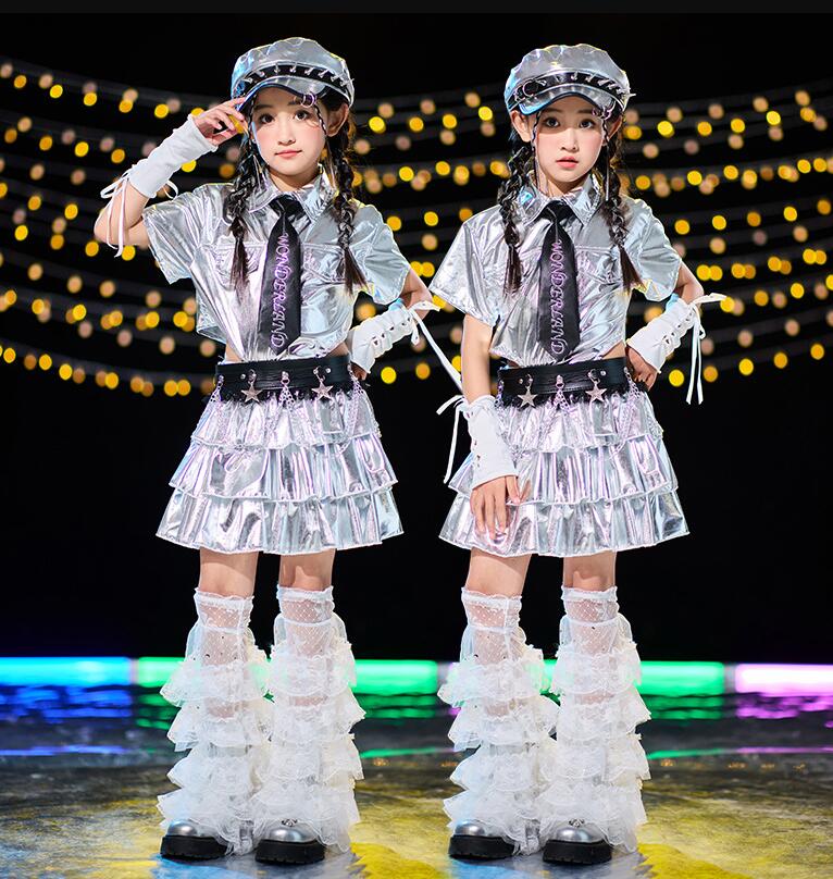 女の子ダンス衣装　シルバージャズダンスウェア　半袖シャツ　3重フレアスカート3/4/5/7点セットアップ..